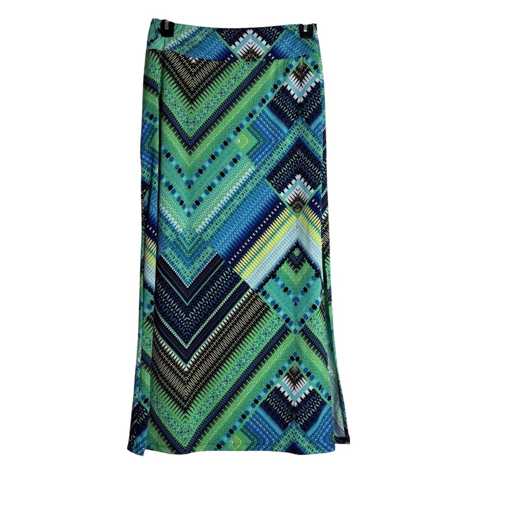 Passports Hippie Maxi Skirt Size M Green‎ Blue Boho Festive Peasant Stretch